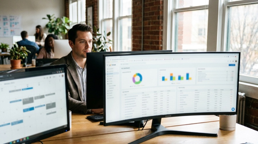 Dashboard di un gestionale su misura su un grande monitor in ufficio