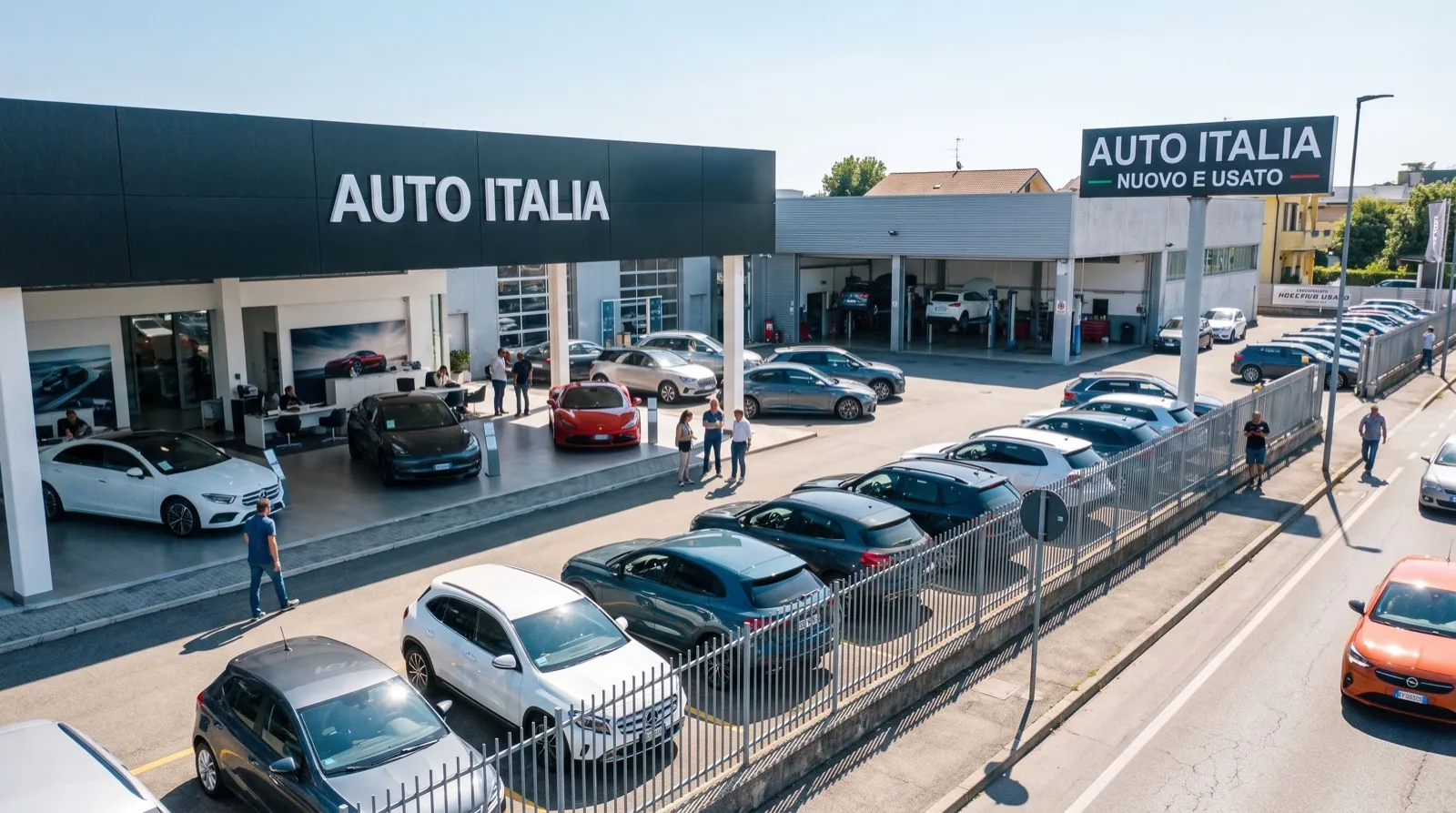 Concessionaria auto con showroom, officina e piazzale di vetture nuove e usate
