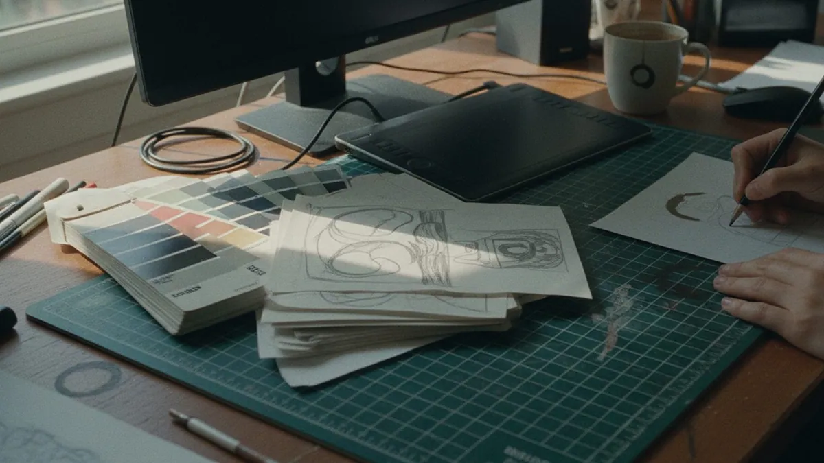 Tavolo di lavoro di un designer con campioni colore e bozzetti per un logo